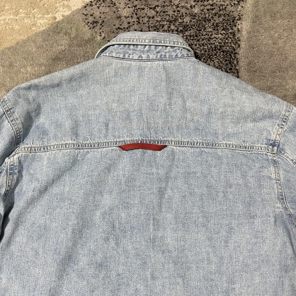 Vintage Bugle Boy Denim Shirt Men Medium Eagle Graphic Elbow Patches Grunge 90s - Picture 10 of 13